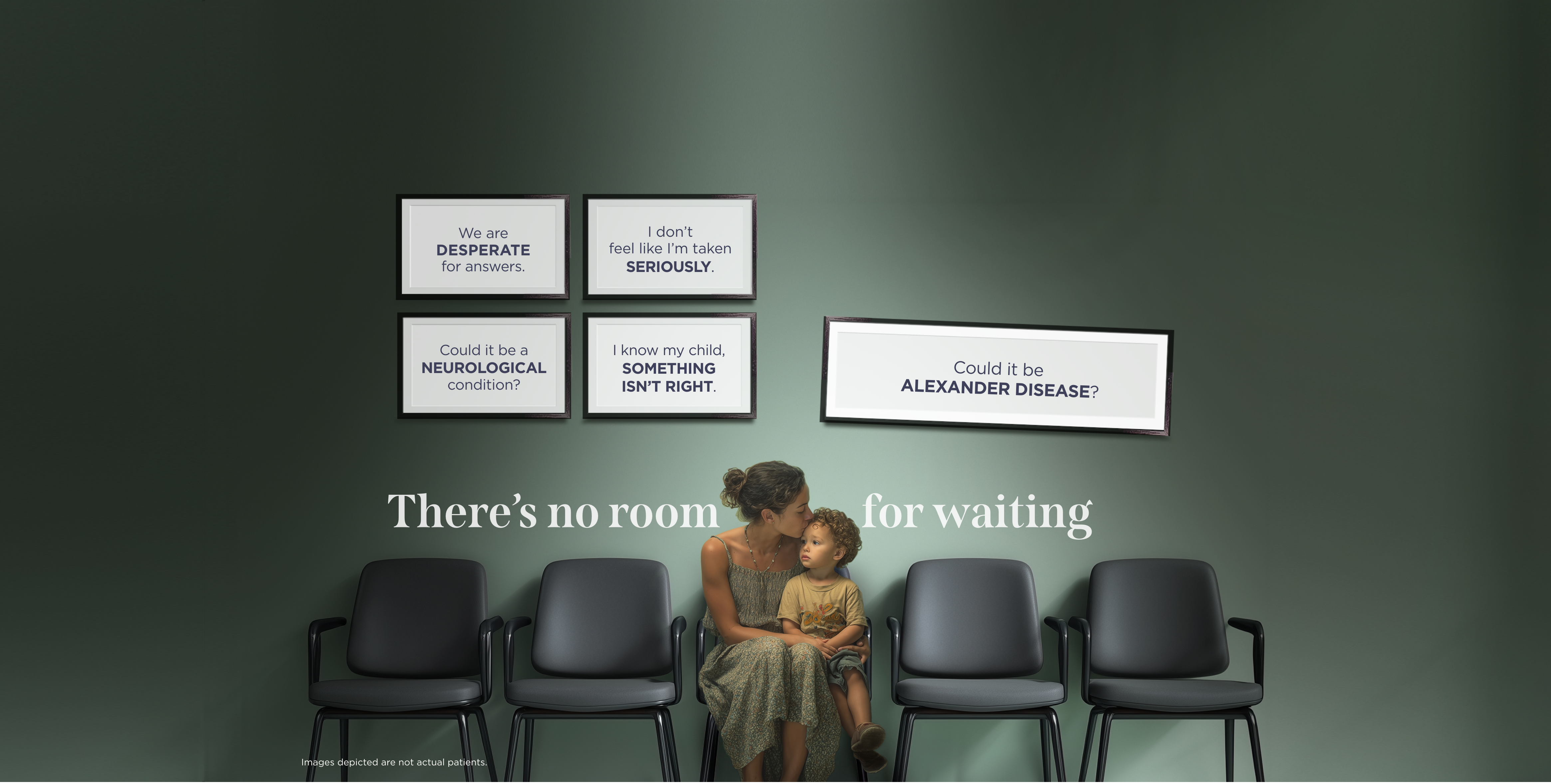 A mother and young boy sitting in a doctor’s waiting room, with posters on the wall of various messages. [104] 