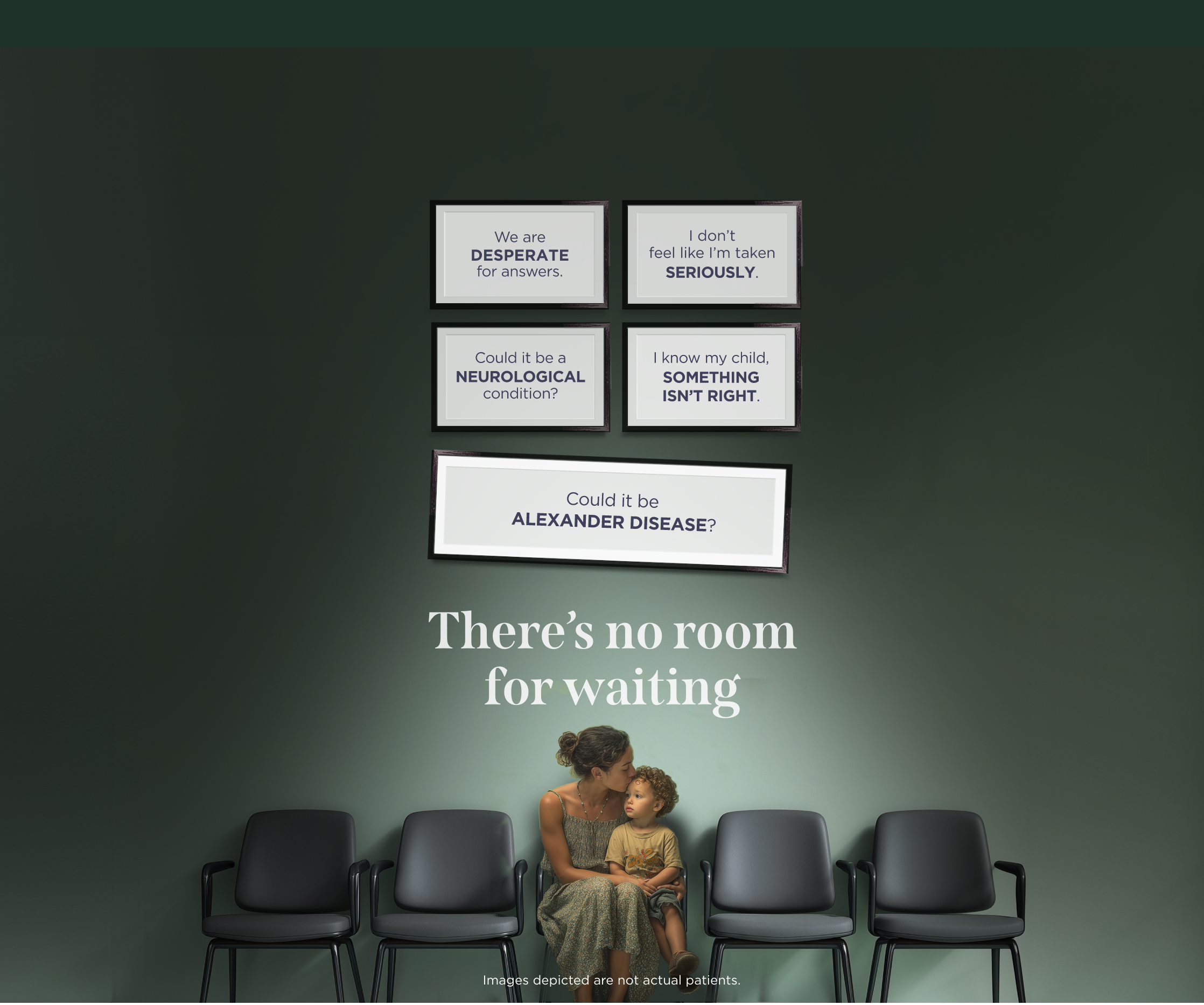 A mother and young boy sitting in a doctor’s waiting room, with posters on the wall of various messages. [104] 